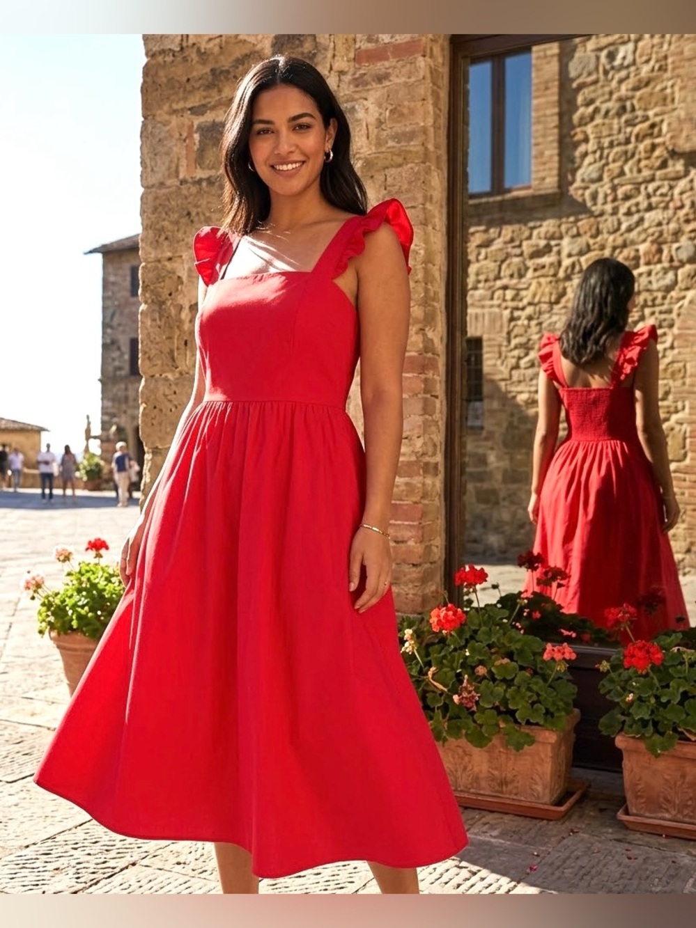 Red Ruffle Sleeve Dress with Smocking at the Back - Size M